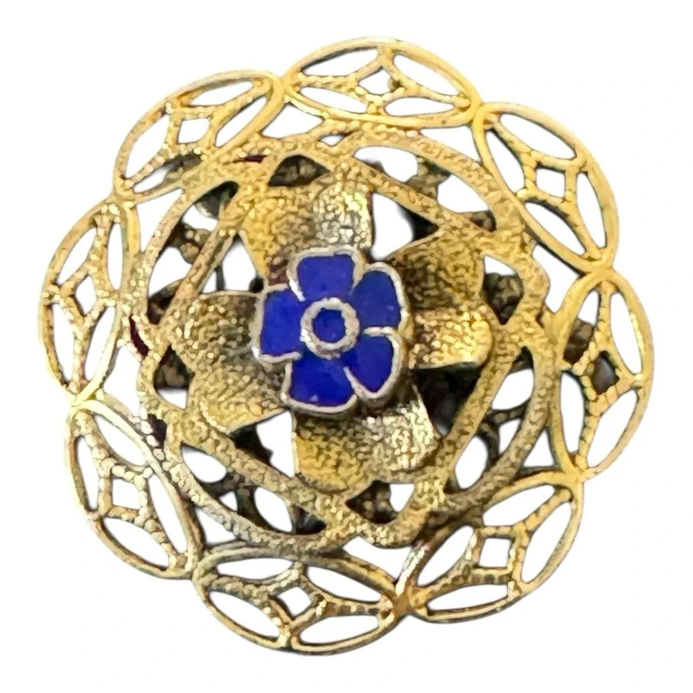 Vintage Gold Tone Blue Enamel Faux Opalite Flower Brooch Pin